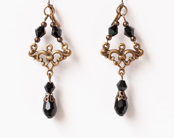 Gothic Chandelier earrings with Antique Bronze filigree-Victorian Dangle Earrings-Gothic Jewelry-Crystal Drop Earrings-Antique Inspired