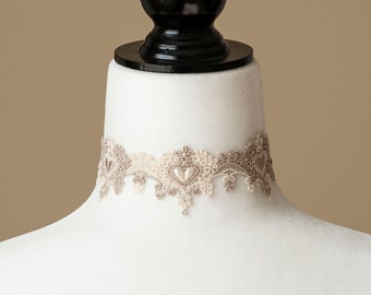 Cream & Beige Lace Choker with Hearts-Victorian/Bridal/Bridesmaid/ Wedding