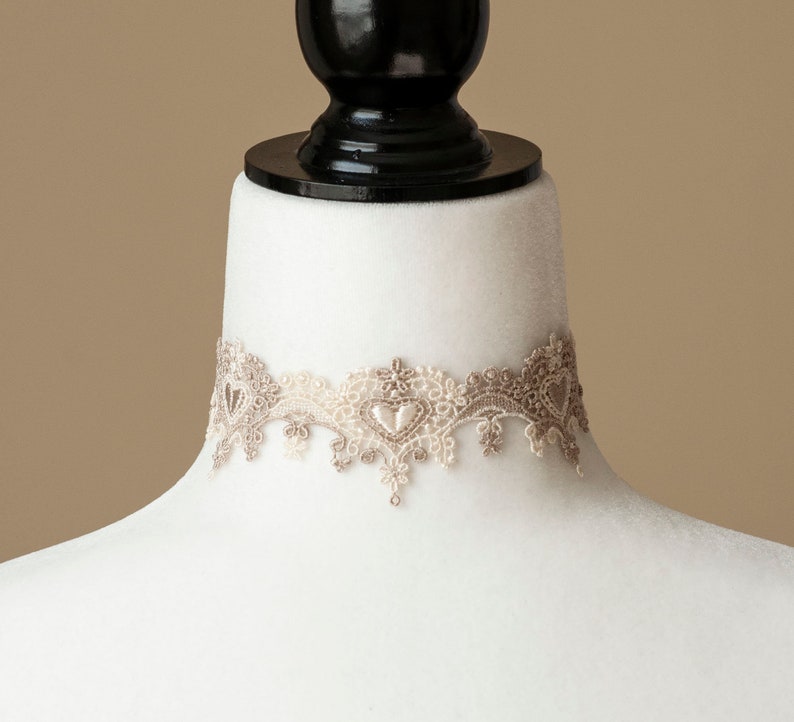 Cream & Beige Lace Choker with Hearts-Victorian/Bridal/Bridesmaid/ Wedding image 1