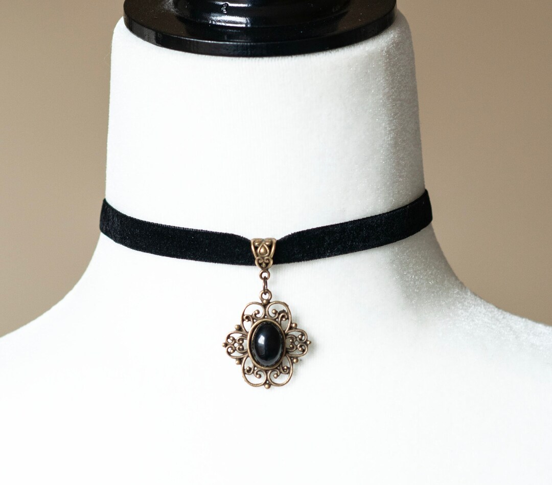 Elegant Black Velvet Choker With Black Agate Pendant - Gothic, Boho ...