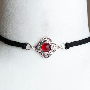Black Vegan Suede Choker Necklace with Antique Silver Pendant and a Red stone- Gothic Victorian Jewelry