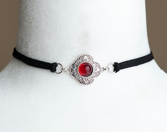 Black Vegan Suede Choker Necklace with Antique Silver Pendant and a Red stone- Gothic Victorian Jewelry