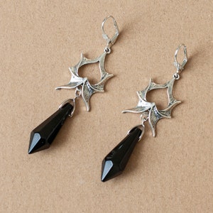 Gothic Dragon Wing Dangle Earrings with Large Crystals in Silver Finish-Black or Red Crystals image 8