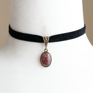 Black Velvet Choker with Strawberry Quartz Pendant - Elegant Gothic Necklace, Boho Chic Jewelry