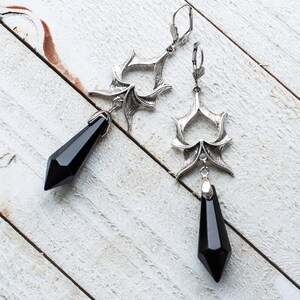 Gothic Dragon Wing Dangle Earrings with Large Crystals in Silver Finish-Black or Red Crystals image 10