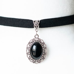 Victorian Gothic Black Agate Cameo Choker Necklace in Antique Silver