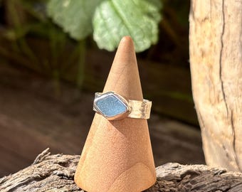 Blue Sea Glass Recycled Sterling Silver Ring
