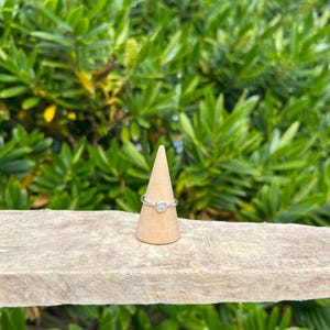 May include: A silver ring with a clear, round gemstone is displayed on a wooden cone. The ring is set against a backdrop of lush green foliage and a weathered wooden surface.
