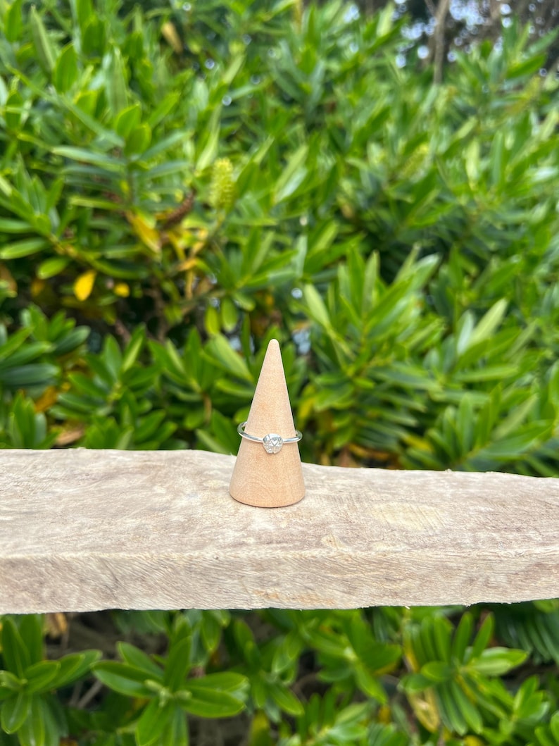May include: A silver ring with a clear, round gemstone is displayed on a wooden cone. The ring is set against a backdrop of lush green foliage and a weathered wooden surface.