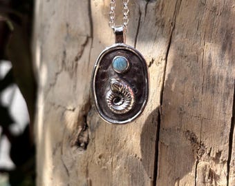 Fossil Ammonite and Larimar set in Sterling Silver Pendent Necklace