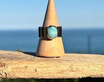 Thick Band Recycled Sterling Silver Ring with Larimar Stone.