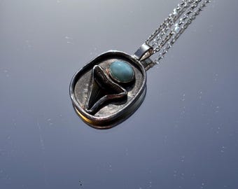 Fossil Shark Tooth and Larimar set in Sterling Silver Pendent Necklace