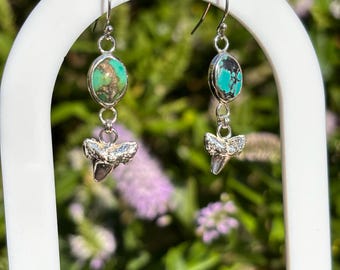 Turquoise Drop Earrings With Genuine Cast Fossil Shark Tooth made with Recycled Sterling Silver and Fine Silver