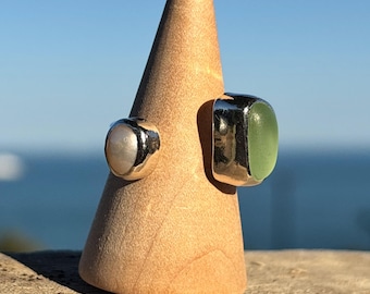 Green Sea Glass and Freshwater Pearl Recycled Sterling Silver Ring Adjustable