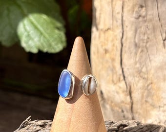 Blue Sea Glass and Cowrie Shell Recycled Sterling Silver Ring