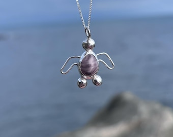 Genuine Cowrie Shell Sterling Silver Turtle Necklace With Chain
