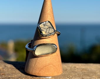 Grey Sea Pottery and Sea Glass Recycled Sterling Silver Ring Adjustable