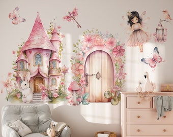 Peel and Stick Fairy Wall Stickers – Magical Fairy Wall Decor with Castle, Flowers & Butterflies for Girls Room