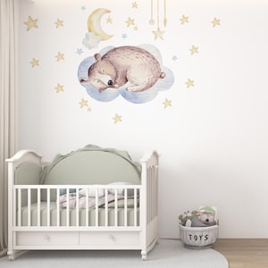 Bear Sleeping on Cloud Decal | Nursery Stars and Moon Wall Sticker | Boho Baby Room Decor | Dreamy Night Sky Art