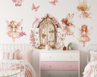 Peel and Stick Fairy Wall Stickers – Magical Fairy Wall Decor with Fairies, Pink Castle Door, Butterflies & Flowers for Girls Room