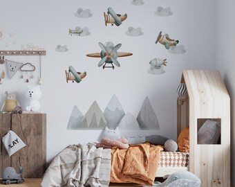 airplane wall decal, boys room wall decals,  nursery wall decal, mountain decal, peel and stick nursery decor,kids room decal, cloud decal