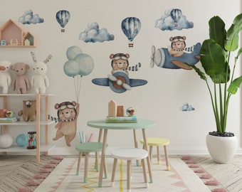 Bear in Plane Nursery Wall Decals, Hot Air Balloons