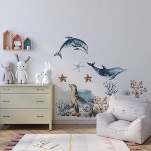 Sea World Ocean Wall Decal for kids room, wall stickers for nursery ocean Life with dolphin seal, jellyfishes turtles