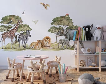 Safari Nursery Wall Decal Set, Savanna Animals, Kids Room Decor