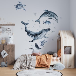 Ocean Animals Wall Decal for Kids and Nursery, sea animals wall sticker,  OCEAN Life with whale, fishes, sea turtles, dolphin sticker