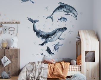 Watercolor Ocean Animals Wall Decal, Kids Nursery Decor, Peel and Stick