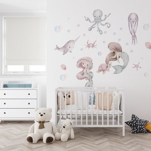 mermaid wall stickers, mermaid wall decals, ocean wall decal, nursery wall decal Sea World Watercolour little mermaid,