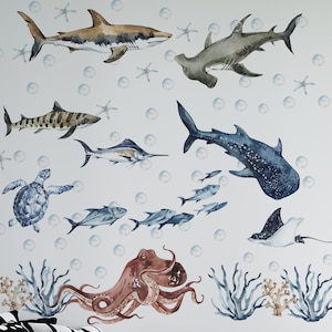 shark wall decal, ocean wall decal,under the sea wall decal, wall decals nursery ocean, ocean animal wall decal, sea animals wall sticker,