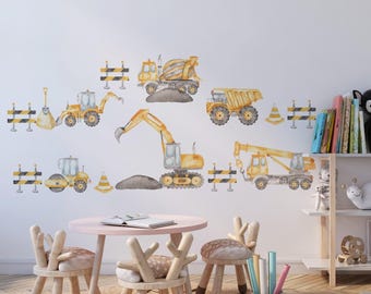 Watercolor Construction Trucks Wall Decals, Kids Nursery Decor