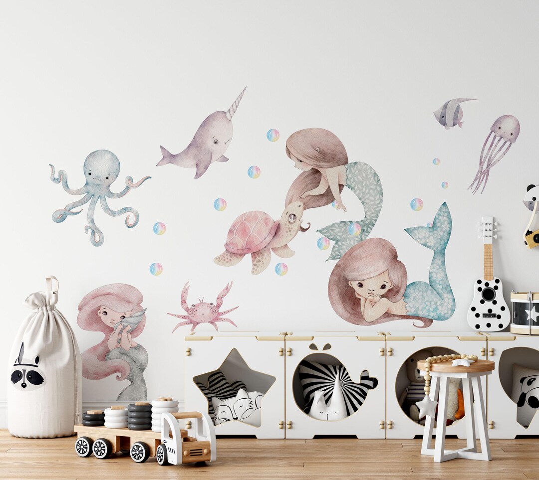 Peel and Stick Mermaid Wall Decals for Girls Nursery – Cute Ocean Wall ...