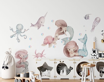 Pegatinas de pared autoadhesivas de sirenas para la habitación de niñas: lindas pegatinas de pared con sirenas, narvales y animales marinos.