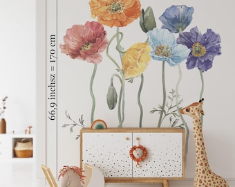 Watercolor Poppy Wall Decals, Floral Nursery Decor