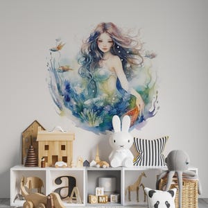 Mermaid Wall Decal - Underwater Scene with Sea Plants - Nursery & Kids Room Decor