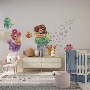 mermaid wall decal, ocean wall decal, sea animals sticker, girls room decor, nursery wall art, underwater wall art, peel and stick decal
