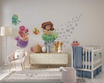 Mermaid Wall Decal Set, Watercolor Sea Animals, Peel and Stick