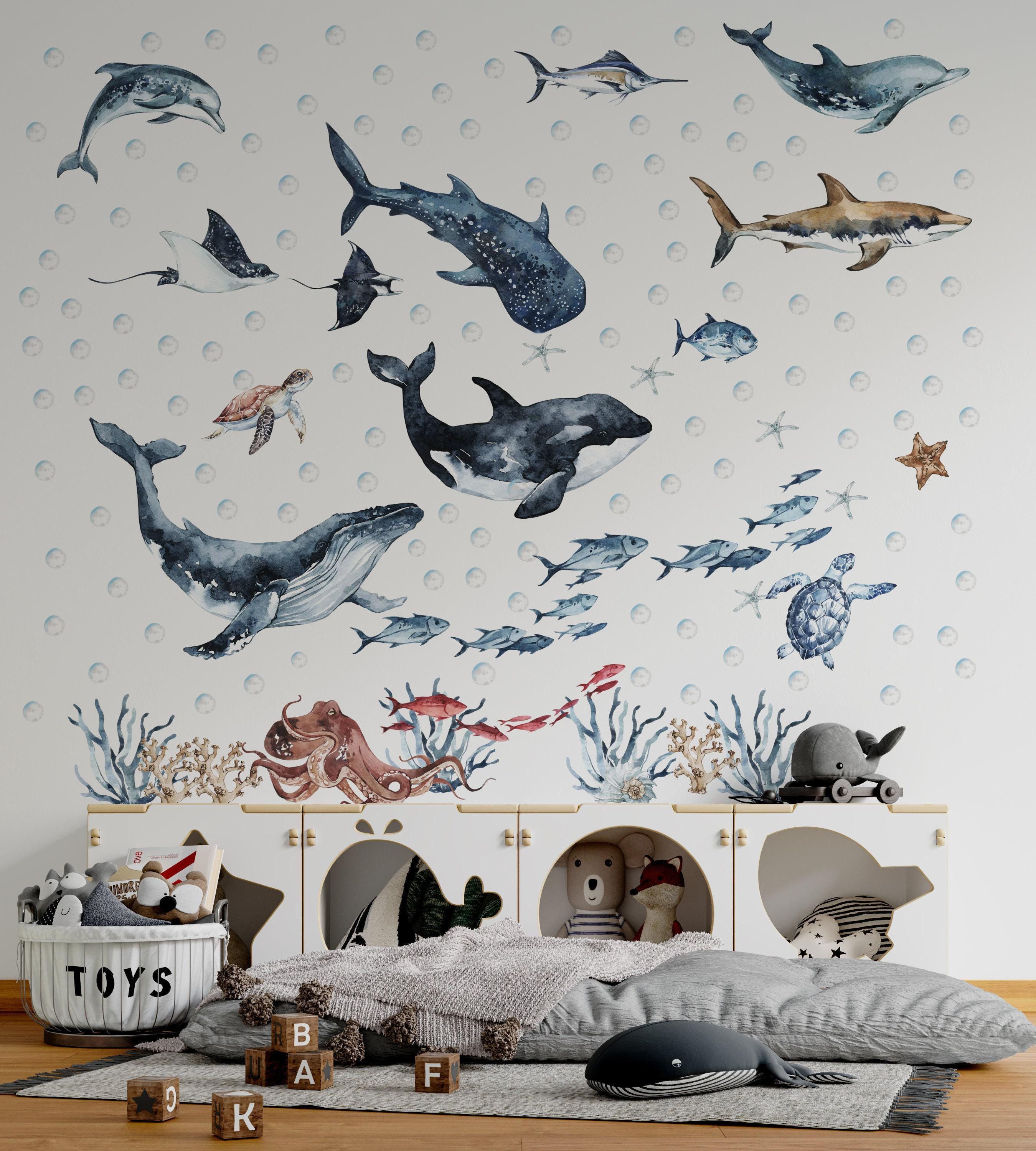 Ocean Animals Wall Decal for Kids and Nursery,  sea animals wall sticker, Sticker Set Dolphin, seal, sea Turtle, Watercolor Peel and stick