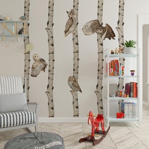 tree wall decals with owl decal, birch tree wall stickers for nursery room
