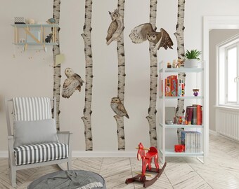 Birch Tree Wall Decals with Owls, Nursery Room Decor