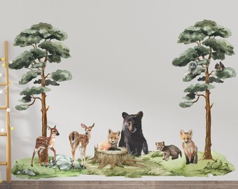 Woodland Animals Wall Decals, Watercolor Forest Nursery Decor