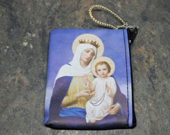 Our Lady of the Rosary Zipper Rosary Case of Imitation Leather with a Cross Zipper Pull *Rosary Not Included*