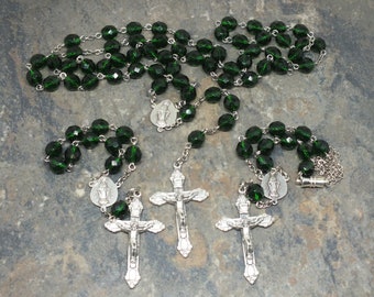 Rosary Set of Czech Glass in Emerald Green, May Birthstone, 5 Decade Rosary, Single Decade Pocket Chaplet, Auto Rosary, Coordinating Set