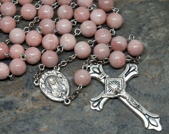 Rhodonite Gemstone Rosary, 5 Decade Rosary, Traditional Rosary, Adoring Angels, Pink Rosary, Large Size Rosary
