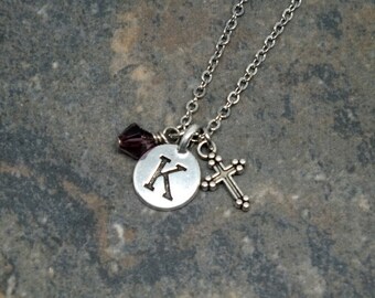 Initial Pendant Charm Necklace with Your Choice of Initial and Swarovski Crystal and Cross Charms