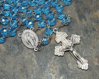 Czech Glass Rosary of Aqua, Birthstone Rosary for March, 5 Decade Rosary, Large Size Rosary, Miraculous Medal, Pardon Crucifix