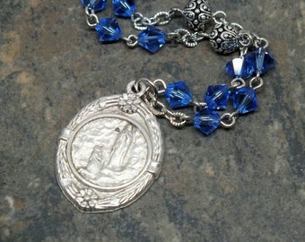 Our Lady of Lourdes Pendant Necklace with Swarovski Crystals and Pewter Bali Style Beads