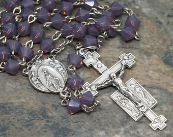 Czech Crystal Rosary of Amethyst Opal, 5 Decade Rosary, Catholic Rosary, Adoring Angels Rosary, Amethyst February Rosary, Miraculous Medal